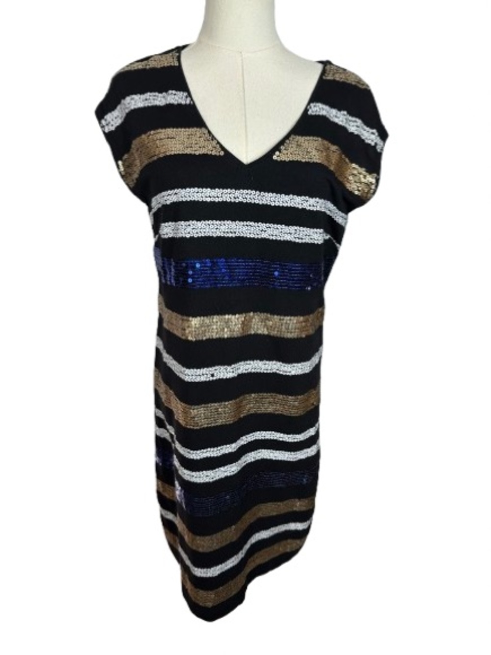🌟 SALE 🌟 Tommy Hilfiger Black Dress w: Gold, White & Blue Sequined Stripes